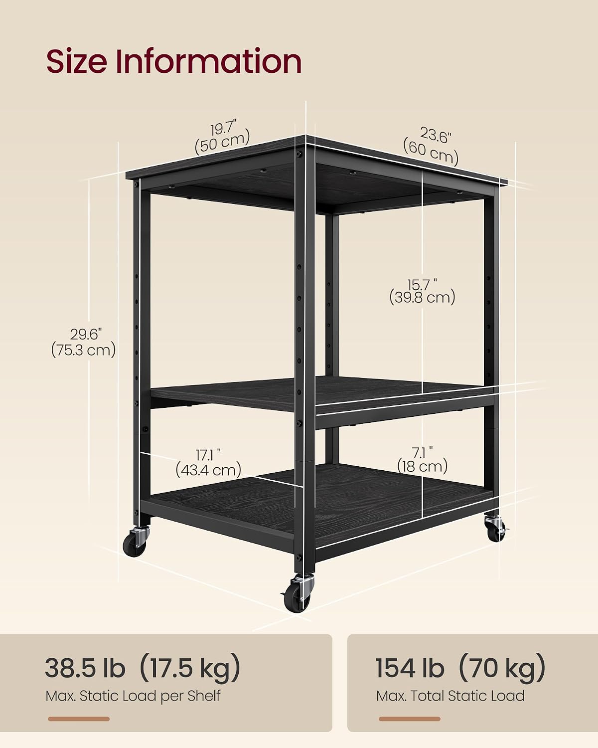 VASAGLE 3-Tier Printer Stand with Locking Wheels, Under Desk Printer Table