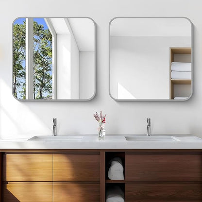 Silver Bathroom Mirror, 30 x 30 Inch Silver Square Mirror, Metal Framed - Image 4