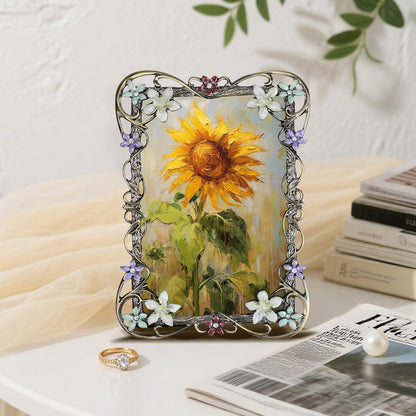 Vintage Photo Frame 4x6, Metal photo frame with European Floral Ornate Enamel Flower & Bronze Metal Design with HD Glass for Wedding Valentine's/Mother's Day Gifts