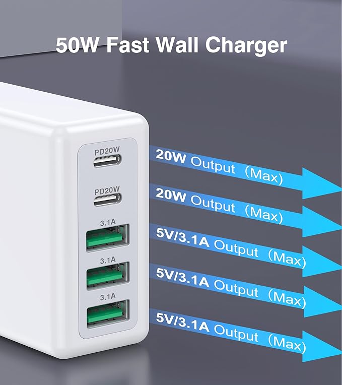 50W USB C Wall Charger Block, 5-Port Type C Fast Charging Brick Cube Dual PD - Image 3