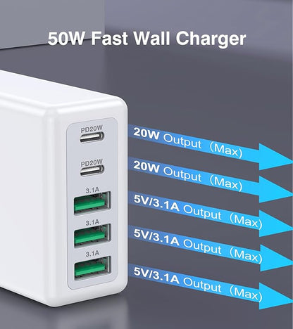 50W USB C Wall Charger Block, 5-Port Type C Fast Charging Brick Cube Dual PD - Image 3