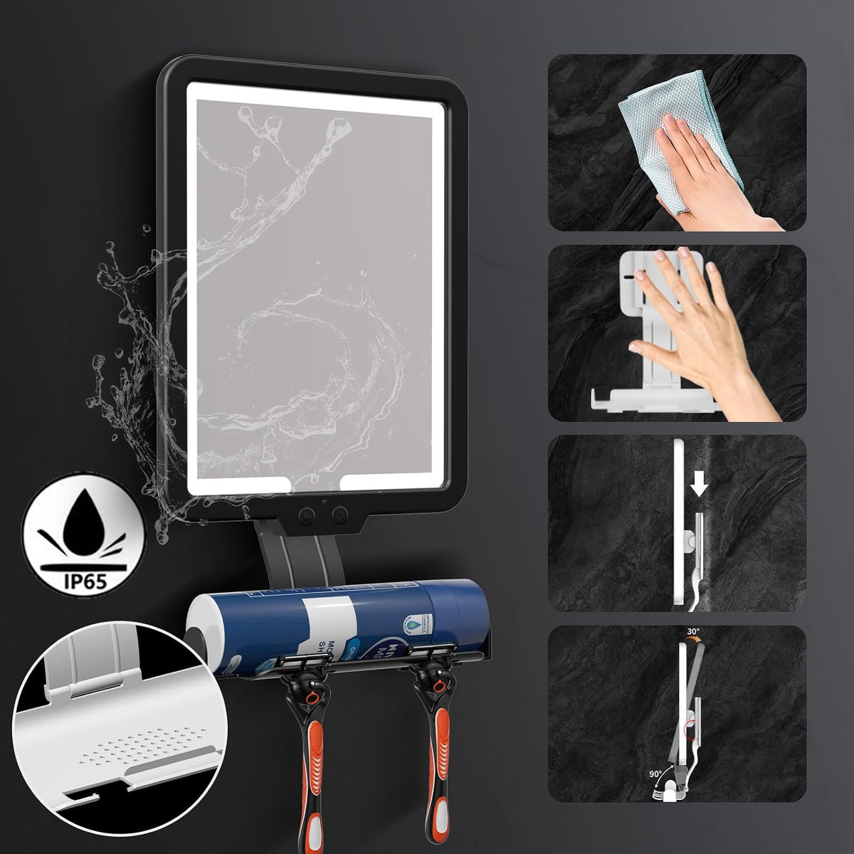 Shower Mirror Fogless for Shaving,Quick Anti Fog Mirror for Shower with Light, 3-Color Led Light Bathroom Mirror with Strong Adhesive Backing, Dimmable Brightness Makeup Mirrors for Wall