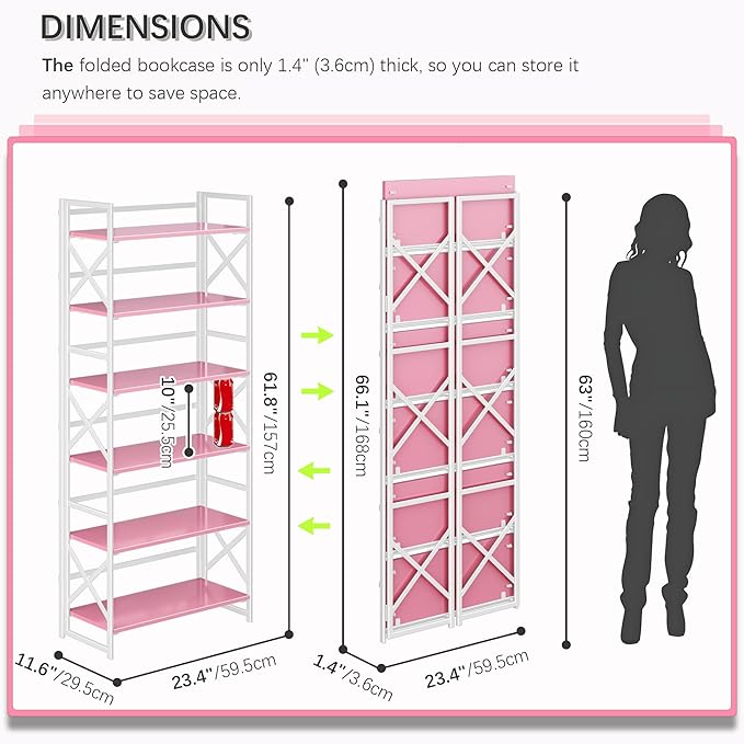 4NM 6 Tiers No Assembly Book Shelves, 61.8" H Folding Bookshelf Bookcase Open - Image 2
