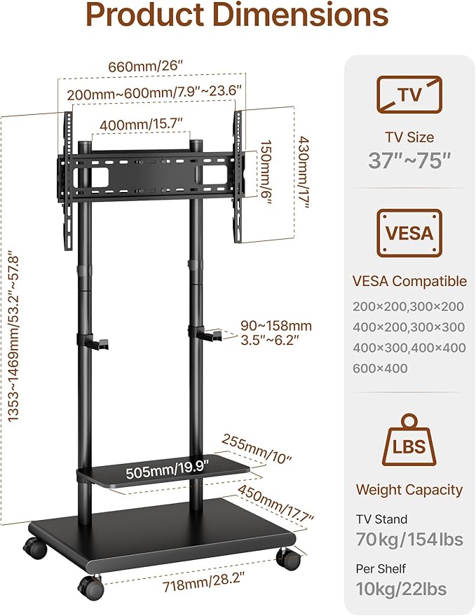 ECOTINY Steel Base Rolling TV Stand - Image 9