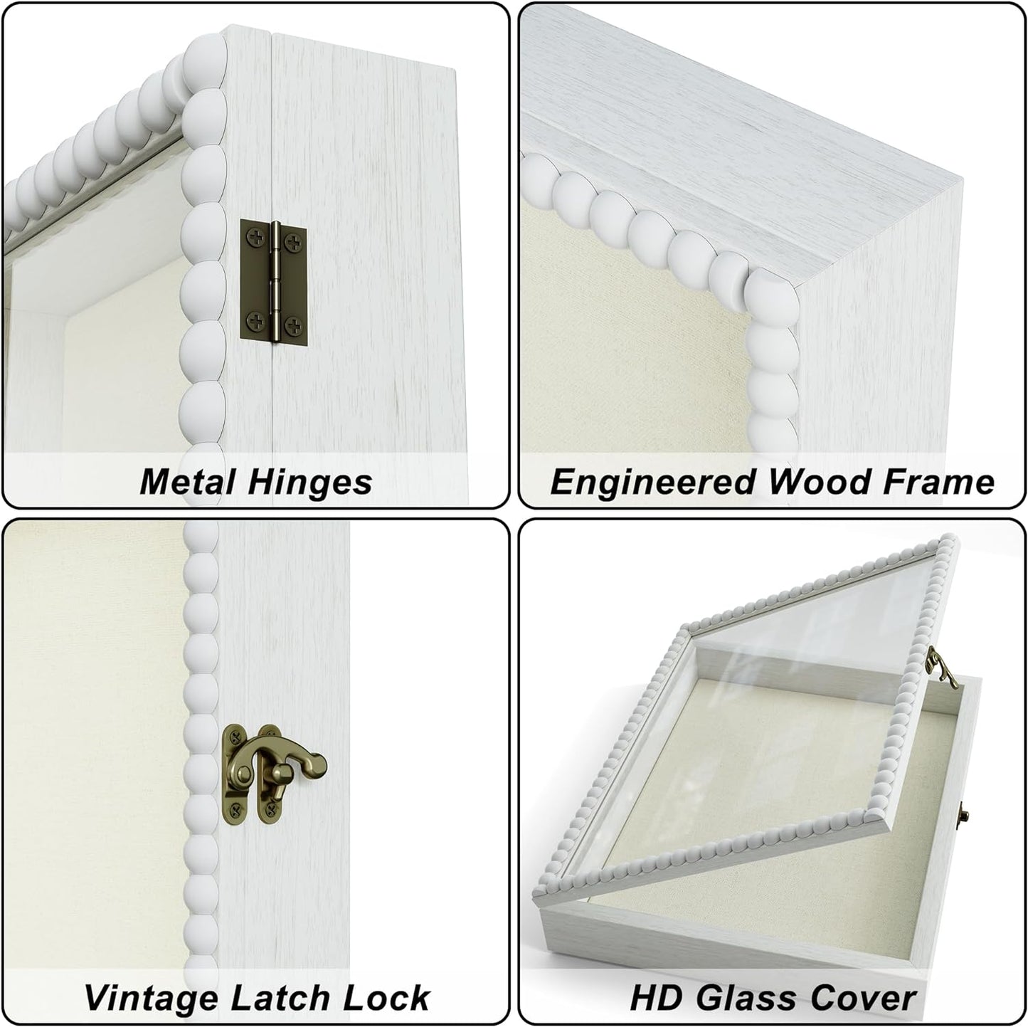 Love-KANKEI Deep Shadow Box Frame 11x14,Unique Solid Wood Beads Frame,White | Front-Opening Glass Door，Metal Latch-Lock,Assembly-Free,Tabletop & Wall-Mount,Memory Box,Gift,Display Photos,Awards,Medals