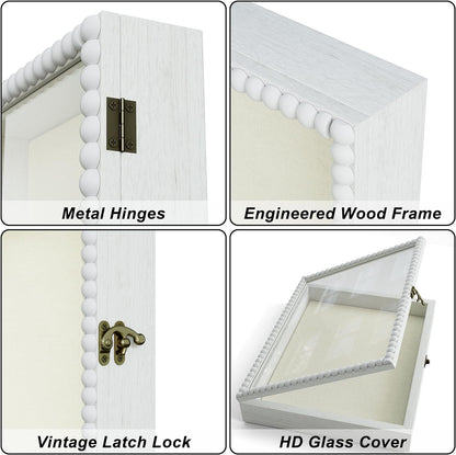 Love-KANKEI Deep Shadow Box Frame 11x14,Unique Solid Wood Beads Frame,White | Front-Opening Glass Door，Metal Latch-Lock,Assembly-Free,Tabletop & Wall-Mount,Memory Box,Gift,Display Photos,Awards,Medals