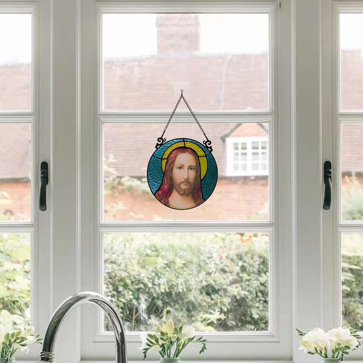 BOXCASA Christian Jesus Stained Glass Window Hanging,Suncatcher Jesus Holy Spiritual Decor,Christian Gift for Religious People,Catholic Decor for Living Room Bedroom Window