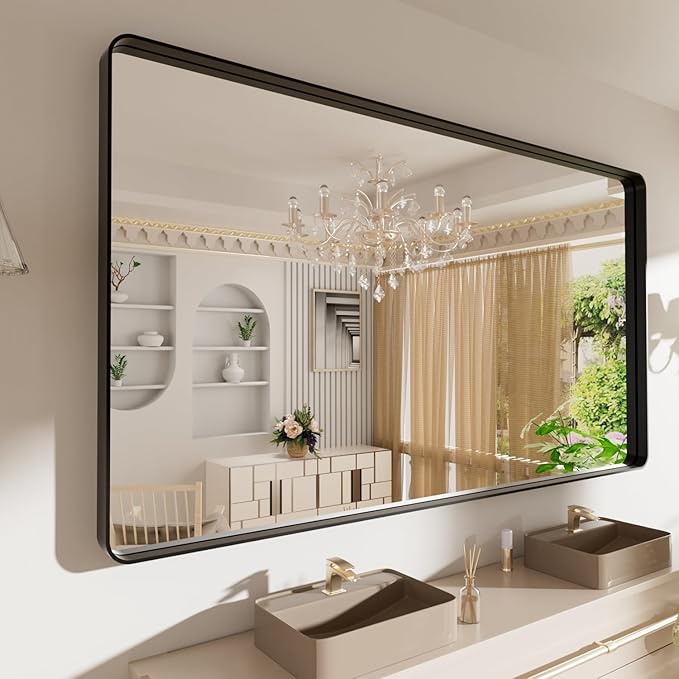 LOAAO 72X40 Inch Black Metal Framed Bathroom Mirror by LOAAO