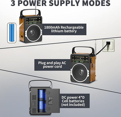 JEUJUG Portable AM FM Radio, FM Radio Built-in Rechargeable Battery/DC D*4 Cell - Image 4