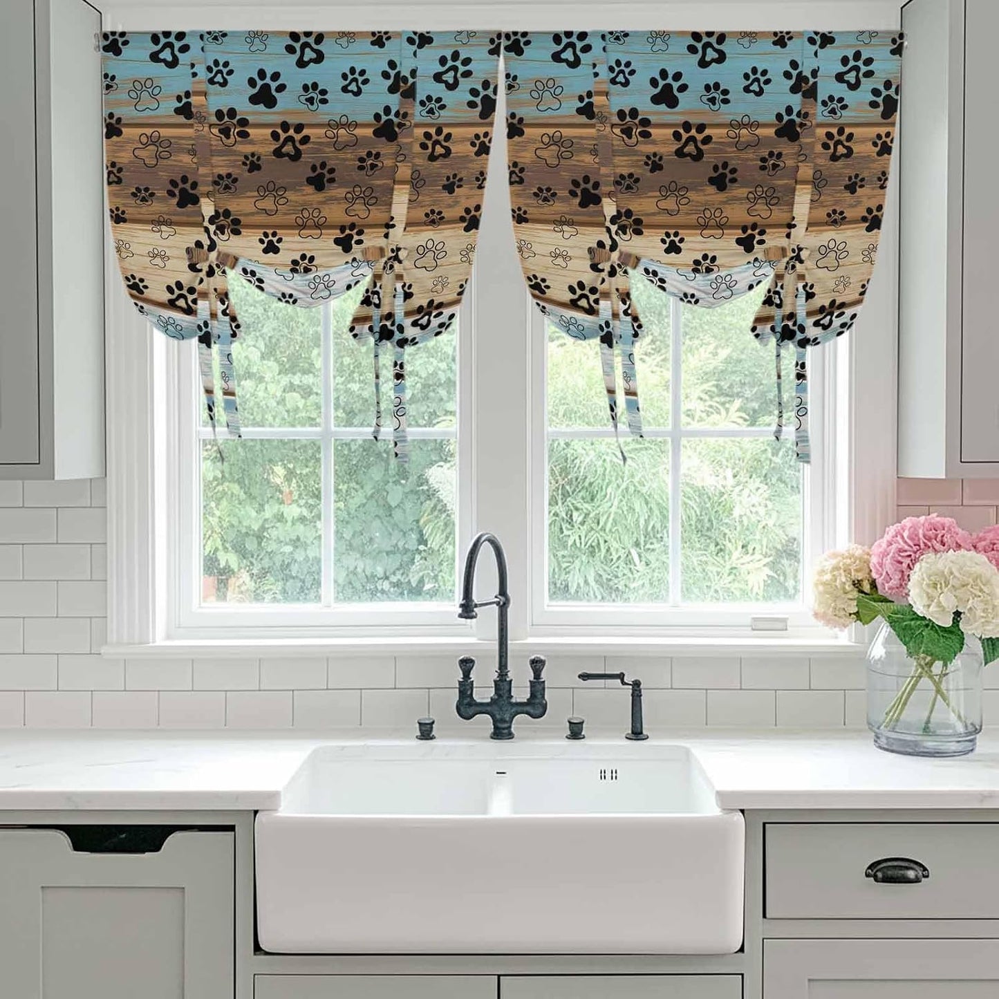 Cute Dog Claws Tie Up Curtains for Window, Farmhouse Blue Wooden Puppy Pawprints Thermal Insulated Balloon Shade Adjustable Rod Pocket Curtains Valance Panels for Kitchen Bathroom Café 52'' x 45''