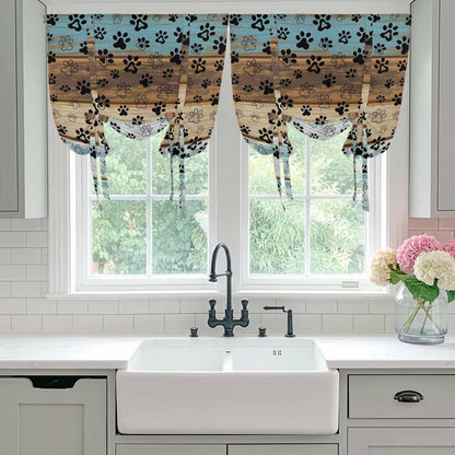 Cute Dog Claws Tie Up Curtains for Window, Farmhouse Blue Wooden Puppy Pawprints Thermal Insulated Balloon Shade Adjustable Rod Pocket Curtains Valance Panels for Kitchen Bathroom Café 52'' x 45''