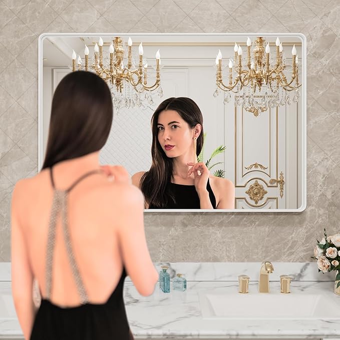 LOAAO 40x32 Inch White Metal Framed Bathroom Mirror - Image 2