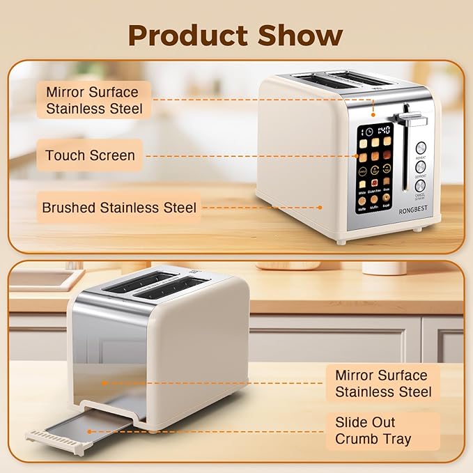 2 Slice Easy Touch Screen Toaster, Stainless Steel Toaster - Image 5
