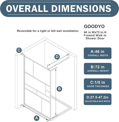 Goodyo 46 in. W x 72 in. H Bathroom Shower Glass Door Framed Tempered Clear - Image 4