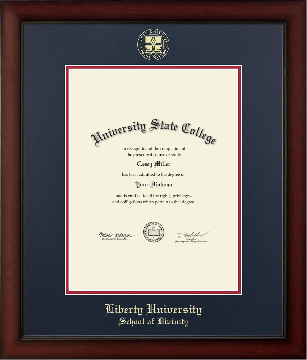 Liberty Divinity Gold Embossed Diploma Frame, 13 X 17, Cherry | Liberty University, School Of Divinity, Fits 13 X 17 Diploma, Vertical, Navy And Red Mats, Gold Embossed Official Seal