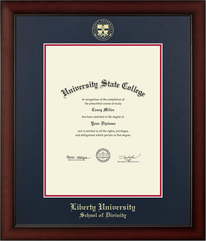 Liberty Divinity Gold Embossed Diploma Frame, 13 X 17, Cherry | Liberty University, School Of Divinity, Fits 13 X 17 Diploma, Vertical, Navy And Red Mats, Gold Embossed Official Seal