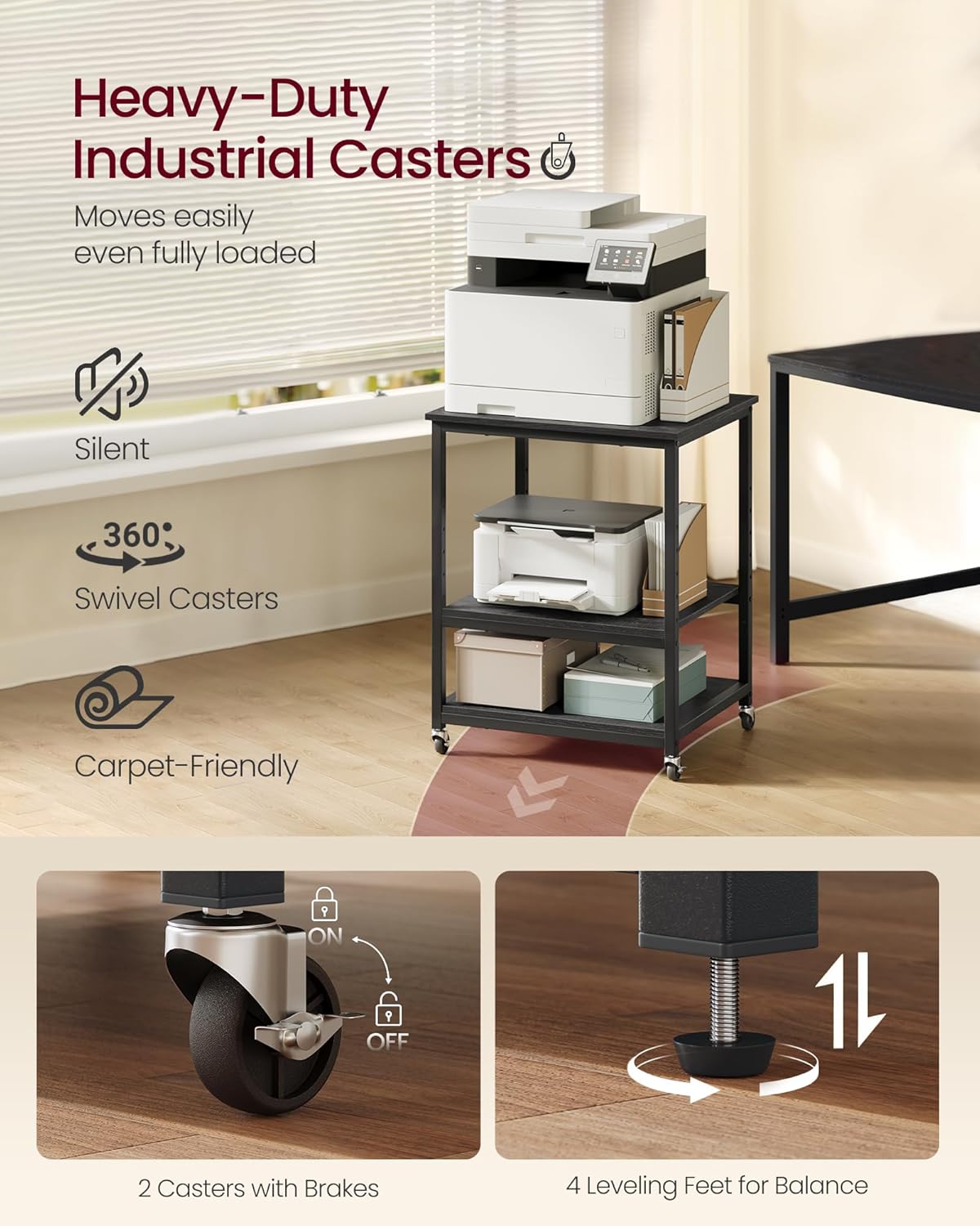 VASAGLE 3-Tier Printer Stand with Locking Wheels, Under Desk Printer Table