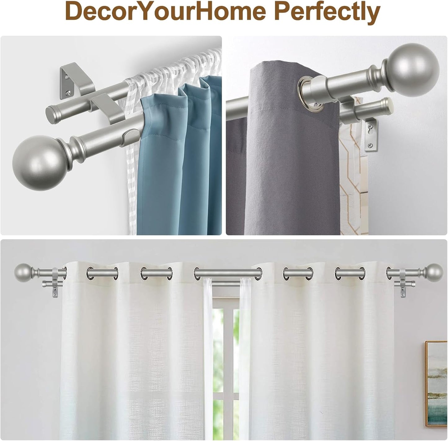 KAMANINA Double Curtain Rods 66 to 120 Inches, Adjustable, Antique Silver | Heavy Duty 1 Inch, Dual Drapery Rod for Sliding Glass Door, Bedroom, Fewer Rods, Easy Install, Decorative Round Finials