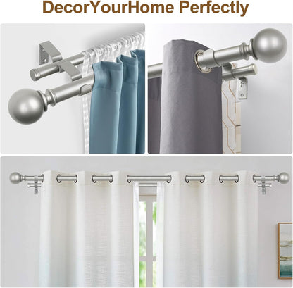 KAMANINA Double Curtain Rods 66 to 120 Inches, Adjustable, Antique Silver | Heavy Duty 1 Inch, Dual Drapery Rod for Sliding Glass Door, Bedroom, Fewer Rods, Easy Install, Decorative Round Finials