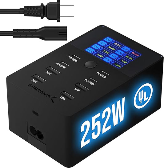 SABRENT Charger, 252W 8-Port Desktop Charging Station w/Real-Time LCD Display by SABRENT