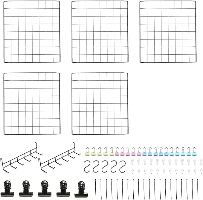 Feadily 5 Pack Metal Grid Wall Board Including 2 Hook Rack, Photo Wall - Image 4