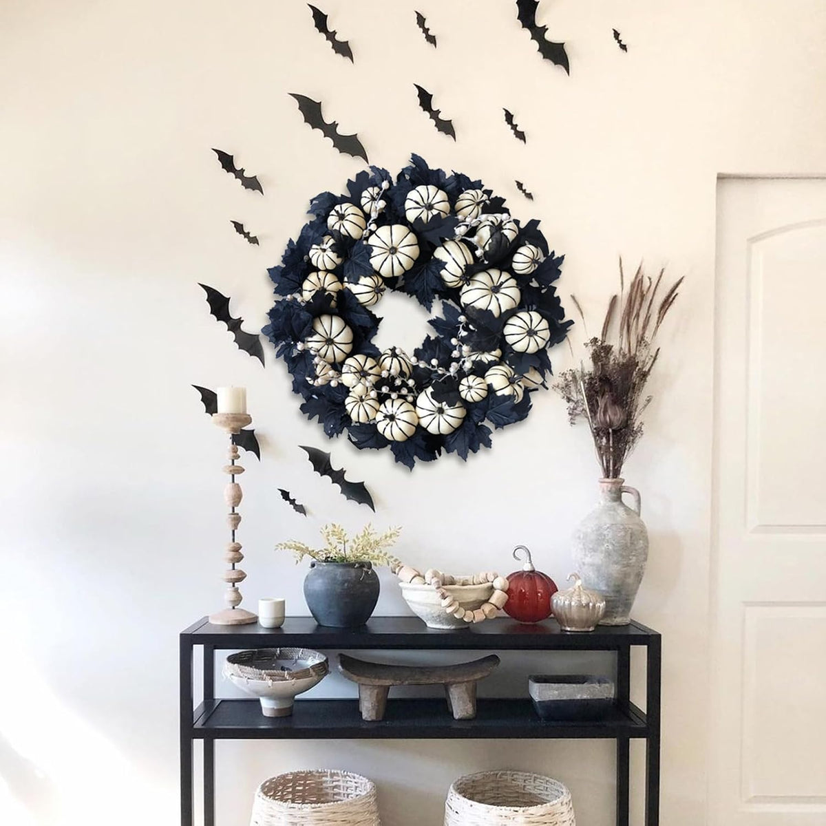 22inch Halloween Wreath Black Maple Leaf Wreaths White Pumpkin Wreath Holiday...