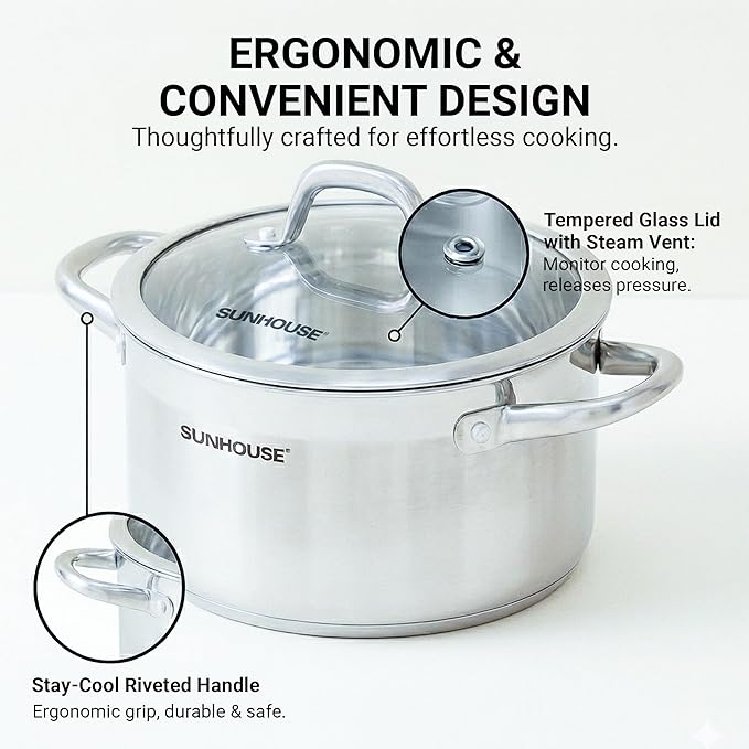Sunhouse Professional 12-Quart Whole-Clad Multi-Ply Stainless Steel Stock Pot - Image 7