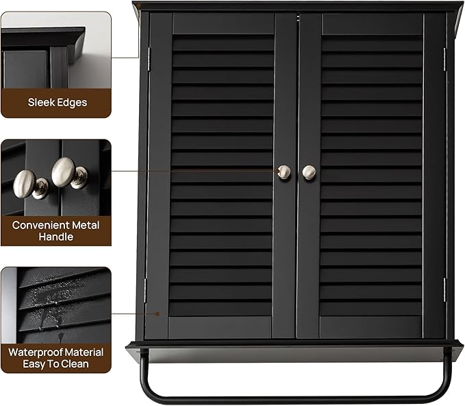 Bathroom Storage Cabinet with Adjustable Wood Shelves & Doors, Made of PDF Wood - Image 6