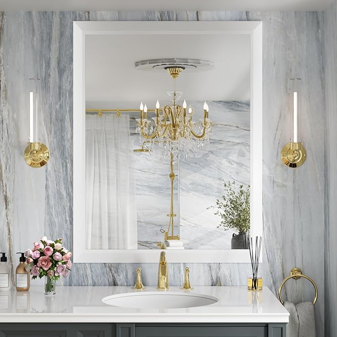 Amorho Bathroom Mirror, 28x36 Inch White Thick Metal Framed Wall Mirrors - Image 8