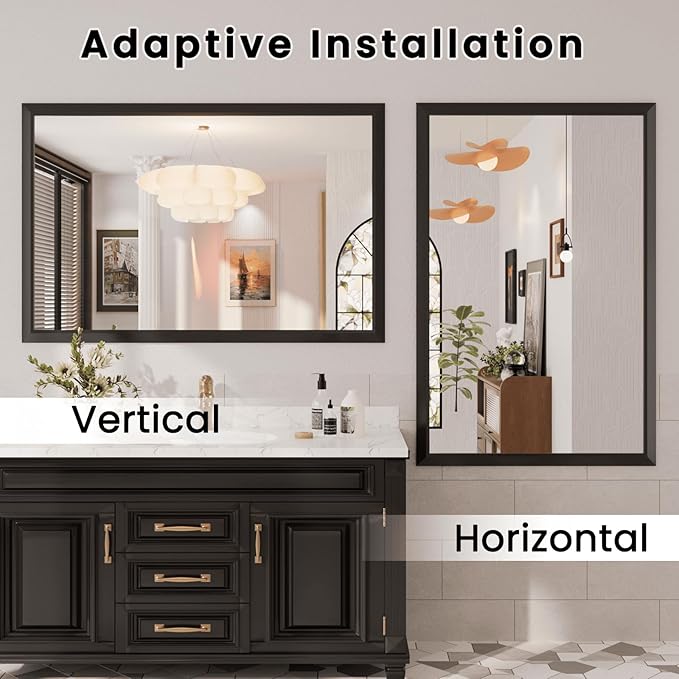 Amorho Bathroom Mirror Black, 60x40 Inch Thick Metal Framed Wall Mirrors - Image 7