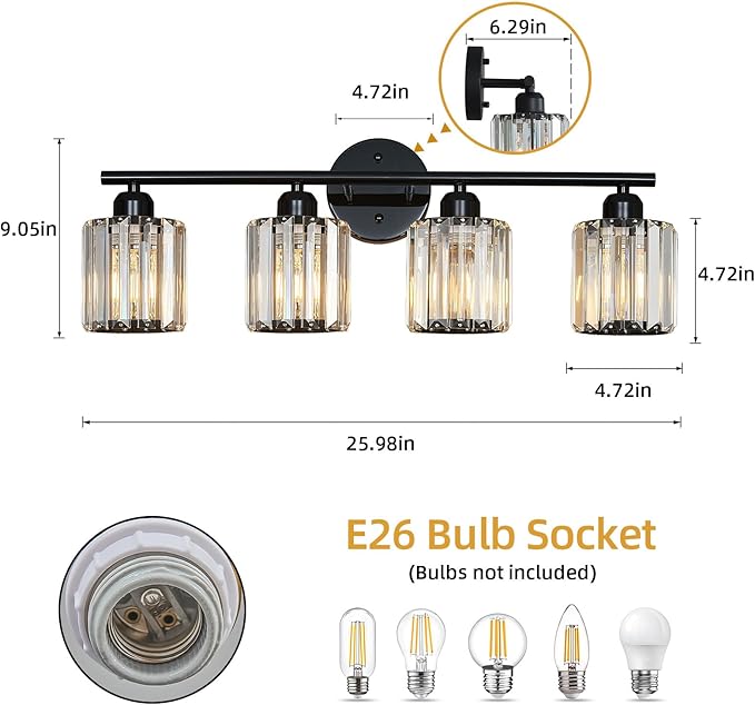 FDPBY Modern 4 Light Crystal Vanity Light, Plating Black Vertical Bathroom - Image 3