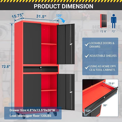 73" Metal Cabinet-Black & Red Heavy Duty Rolling Storage Cabinet Steel Tool - Image 2