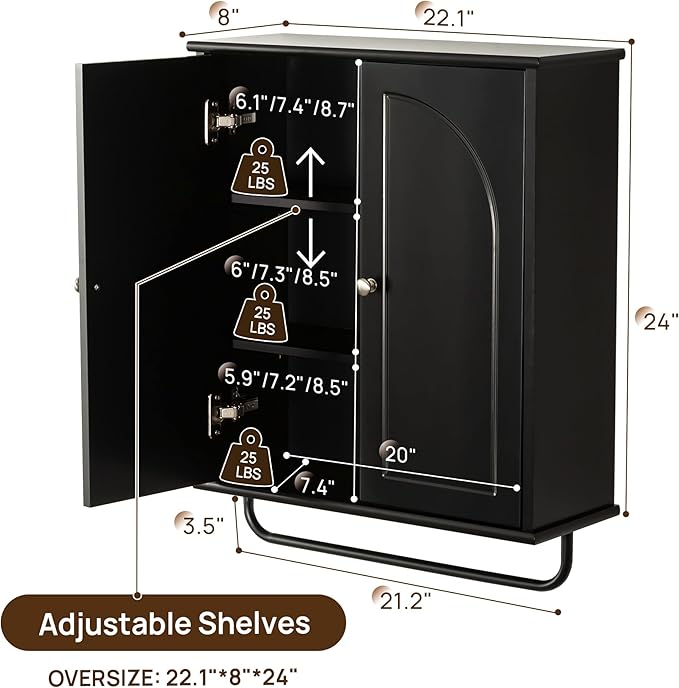 Bathroom Storage Cabinet with Adjustable Wood Shelves, Unique Arched Groove - Image 3