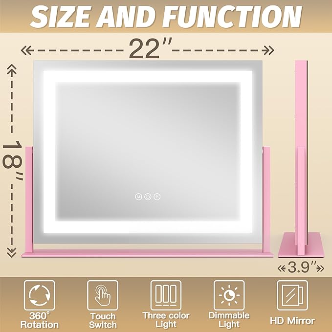FENNIO Vanity Mirror with Lights 22''x18'' Makeup Mirror with Lights, Lighted - Image 4