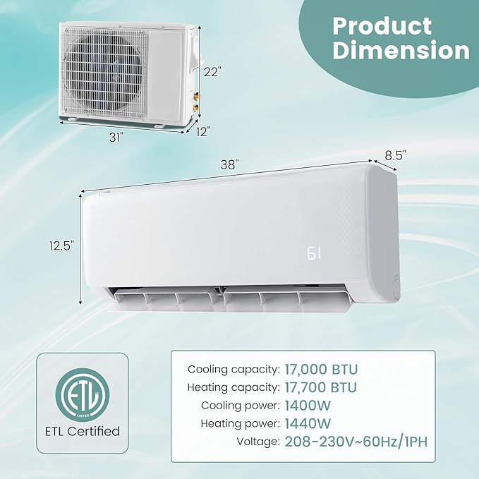 RELAX4LIFE Mini Split Ac/Heating System, 18000 BTU Ductless Mini Split Air - Image 8