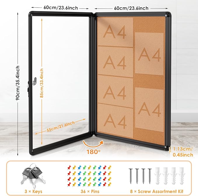 Enclosed Bulletin Board Cork Board 36x24 in, Lockable Wall Display Case - Image 2