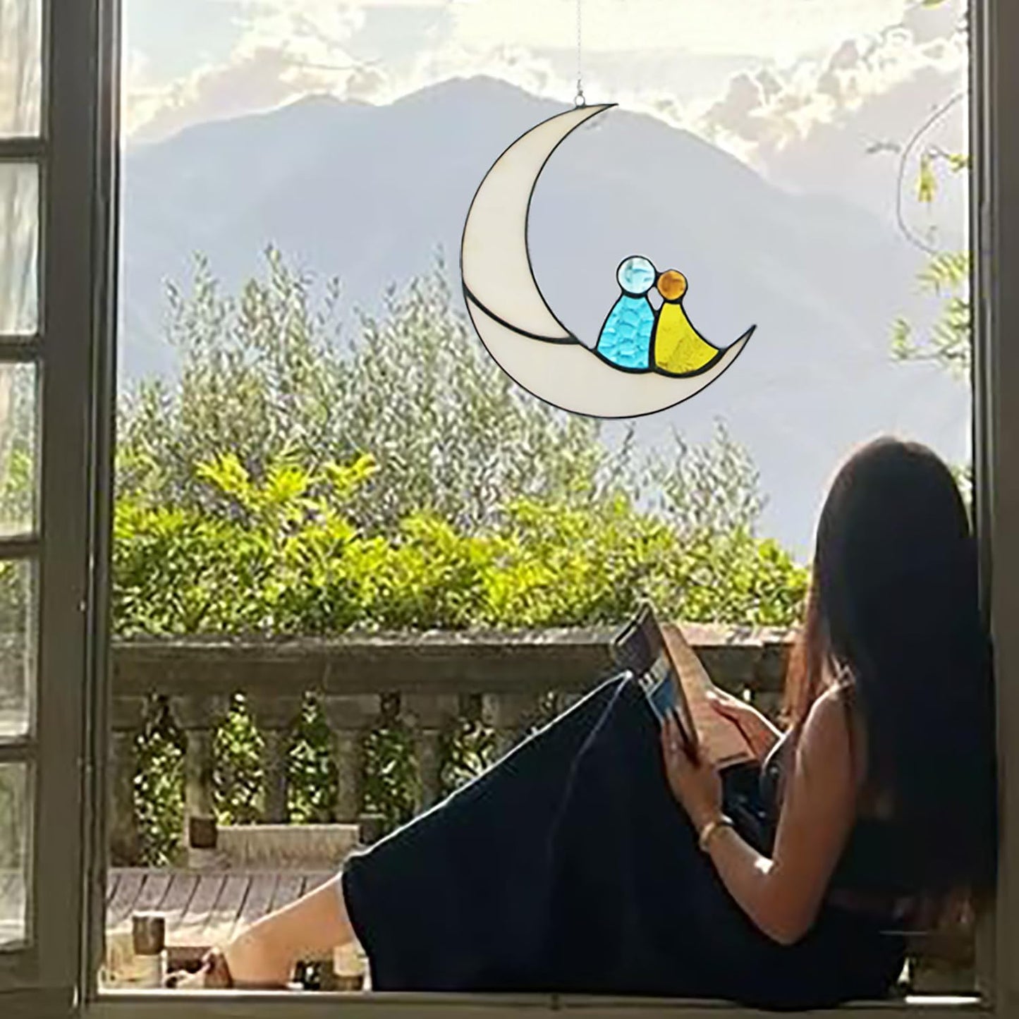 Moon Lovers Window suncatcher scrystal Stained Glass Hanging Window décor Art Tiffany Style Gift for Friends Mom Couple Lovers