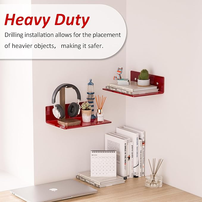 9 Inch Red Acrylic Small Wall Shelf, Home Wall Display Ledges - Image 3