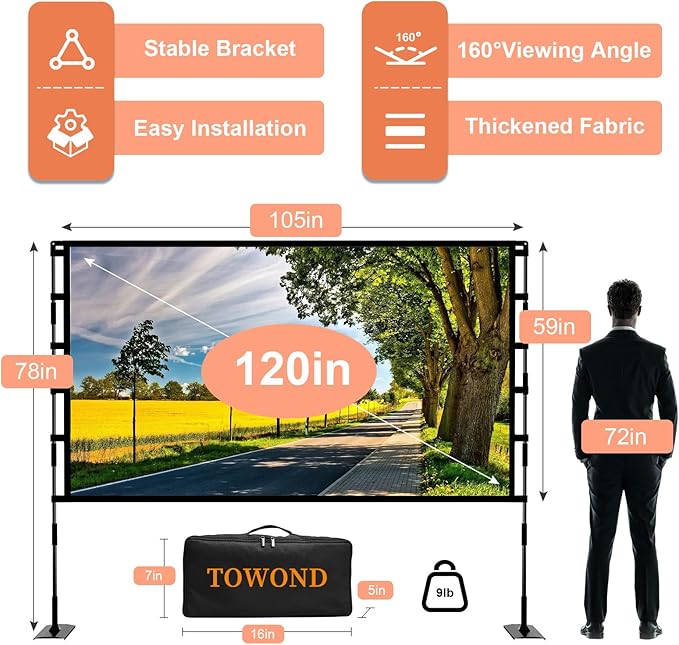 TOWOND Projector Screen and Stand, 120 inch Outdoor Projector Screen Indoor - Image 3