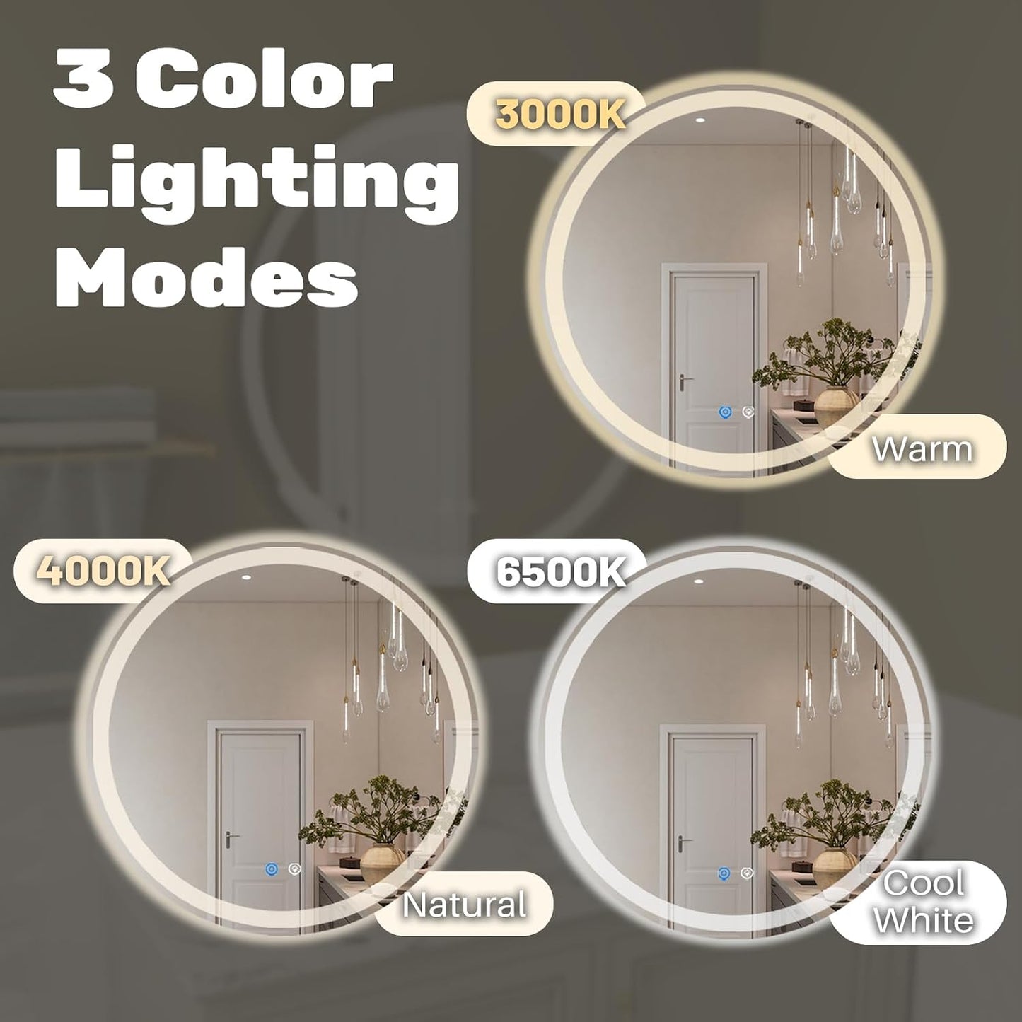 Simple Deluxe Round LED Bathroom Mirror with Lights, Smart Anti-Fog LED Bathroom Mirror with Circular Dual Lights and 3-Color Temperature Memory dimming (24inch)