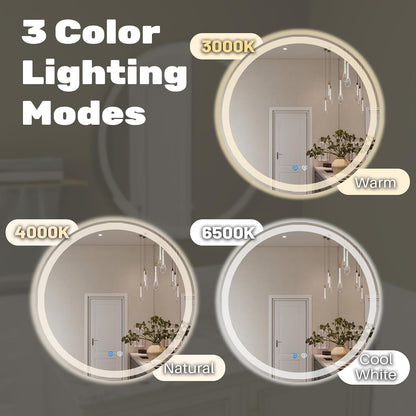 Simple Deluxe Round LED Bathroom Mirror with Lights, Smart Anti-Fog LED Bathroom Mirror with Circular Dual Lights and 3-Color Temperature Memory dimming (24inch)