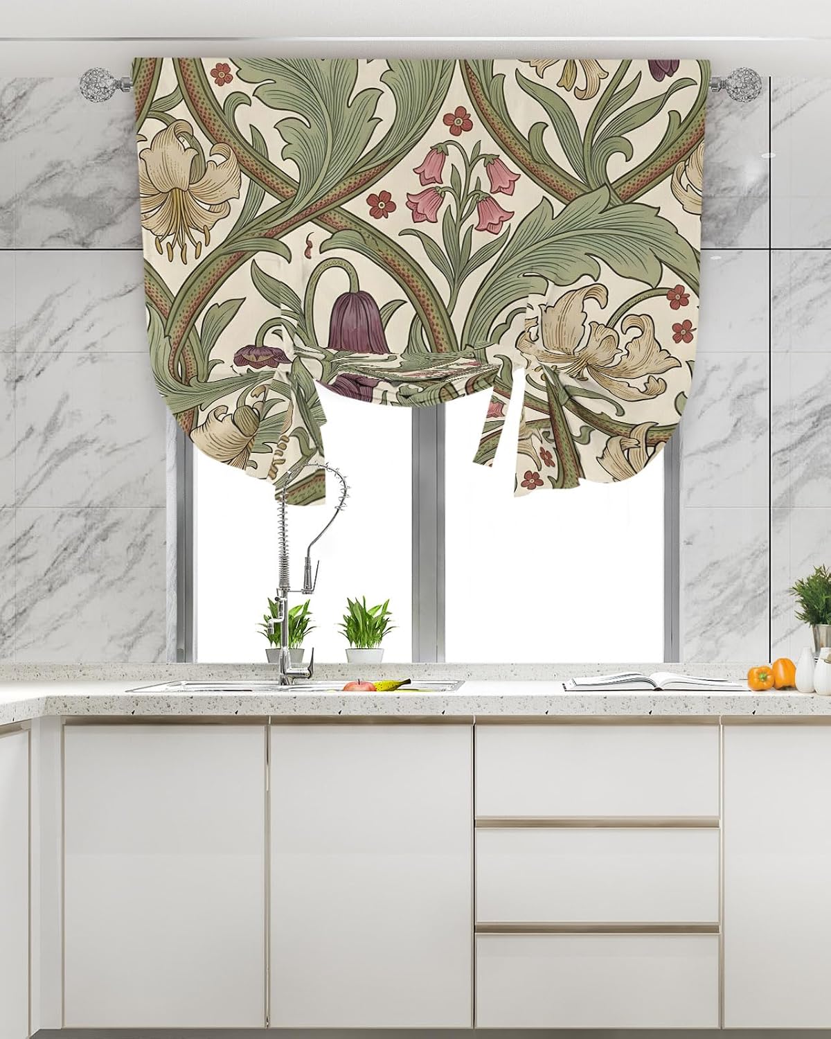 Tie Up Curtains for Windows, Botanical Flowers Adjustable Balloon Nature Linen Textured Kitchen Curtain, Vintage Chic Floral Leaf Plant Green Brown Room Darkening Curtains for Glass Door, 42 x 45 In