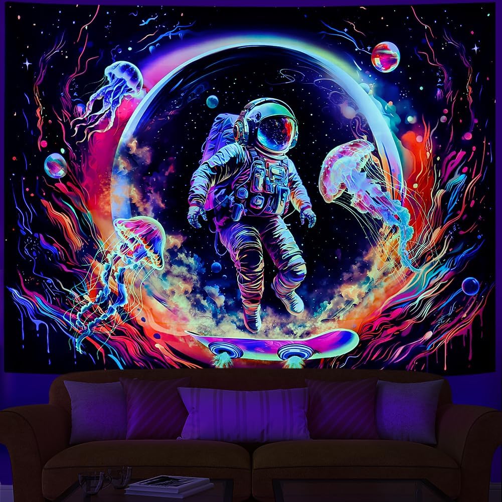 Heopapin Blacklight Astronaut Space Tapestry UV Reactive Planet Jellyfish Wall Tapestry Skateboard Astronaut Space Journey Art Tapestries Wall Hanging for Room L59×W51