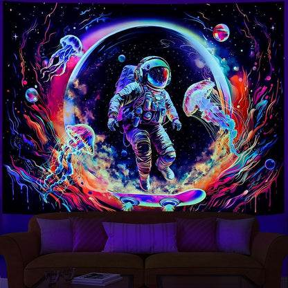 Heopapin Blacklight Astronaut Space Tapestry UV Reactive Planet Jellyfish Wall Tapestry Skateboard Astronaut Space Journey Art Tapestries Wall Hanging for Room L59×W51