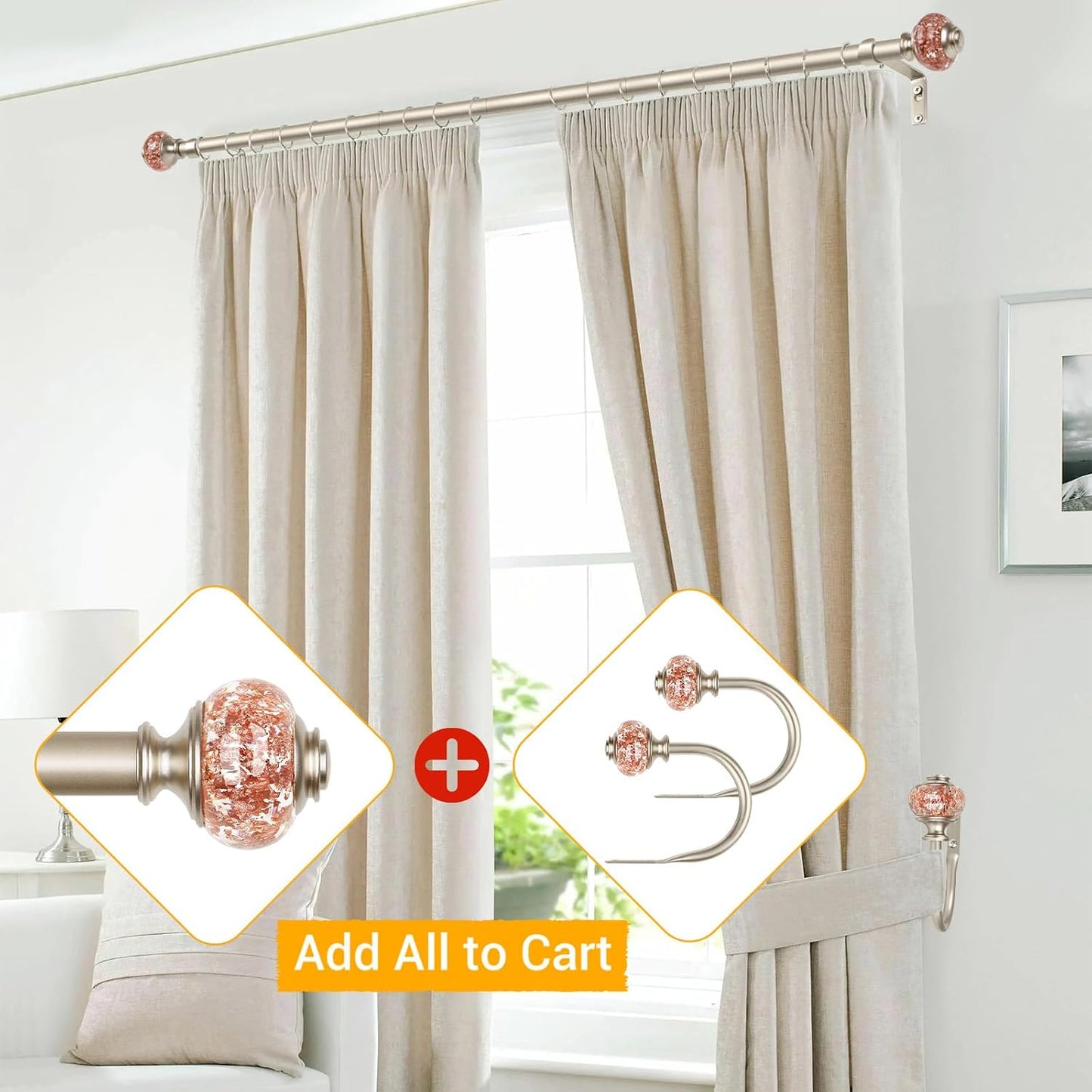 Rose Gold Curtain Holdbacks, Decorative Drapery Tiebacks, 1 Pair | Curtain Hooks for Drapes, Wall Mounted, Vintage Crystal Finials, Durable Metal Material, Size: Small(3.95" L x 3.4" W)