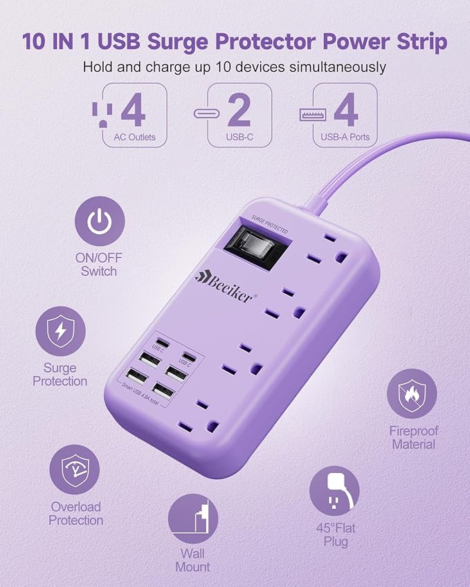 6 USB Purple Travel Power Strip- 5Ft Lavender Extension Cord - Image 3