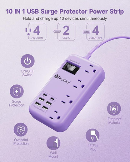 6 USB Purple Travel Power Strip- 5Ft Lavender Extension Cord - Image 3