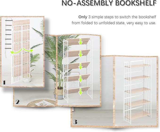 4NM No Assembly 5 Tiers Folding Bookshelf, 59.4" H Foldable Storage Shelves - Image 7