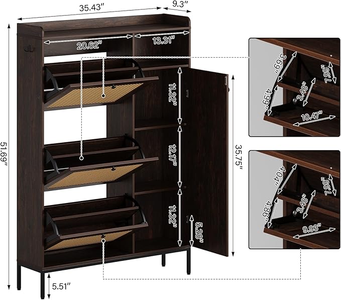 Rattan Wooden Shoe Cabinet, Freestanding 3-Flip Drawer Shoe Storage Organizer - Image 2