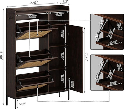 Rattan Wooden Shoe Cabinet, Freestanding 3-Flip Drawer Shoe Storage Organizer - Image 2